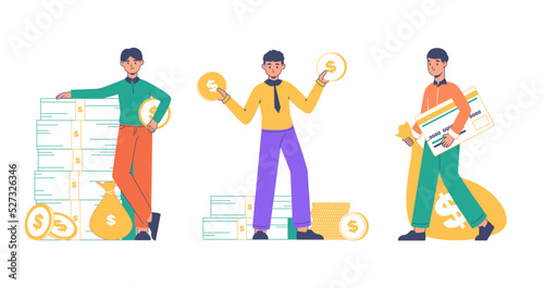 Successful rich people, outline characters with money. Financial well-being, men making, saving or investing money vector symbols illustrations set. Financially successful males