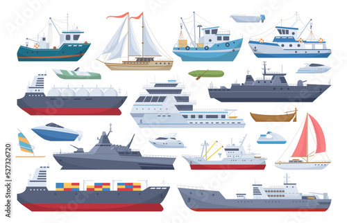 Sea shipping boats, cartoon ships, yacht and motorboat. Travel ocean cruise boat, fishing and cargo shipping boats flat vector illustrations collection. Water transport set