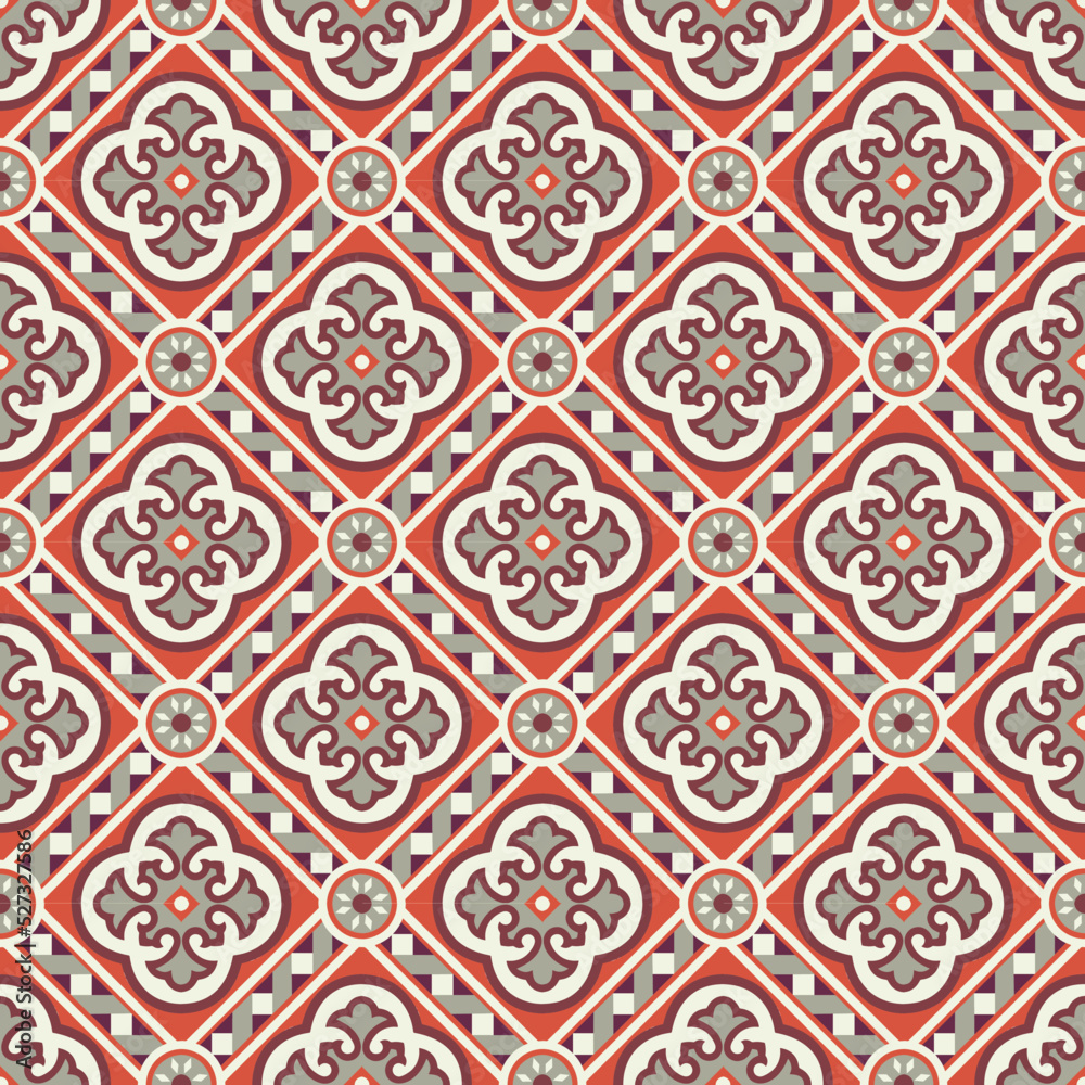 Hydraulic tile, vector seamless pattern. Mosaic ceramics, classical architecture. Geometric floor of churches, palaces and historic old buildings. Floral print, beautiful, easy to change colors.