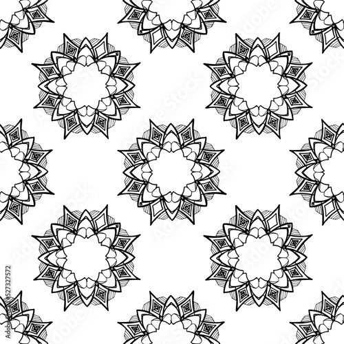 SEAMLESS mandala PATTERN with isolated black lines on white. Geometric pattern of rare arranged flower mandalas for textile tile design
