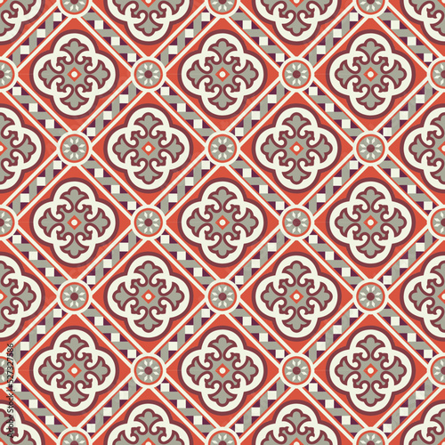 Hydraulic tile, vector seamless pattern. Mosaic ceramics, classical architecture. Geometric floor of churches, palaces and historic old buildings. Floral print, beautiful, easy to change colors. © Pattern_Repeat