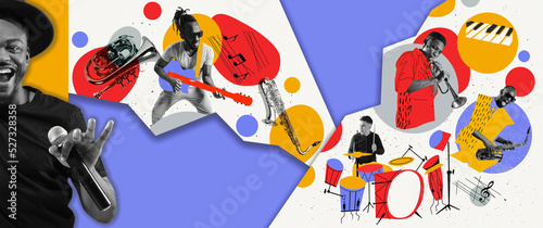 Mood and atmosphere. Concept of festival  creativity  inspiration  imagination  ad. Musicians with music instruments on bright abstract background.