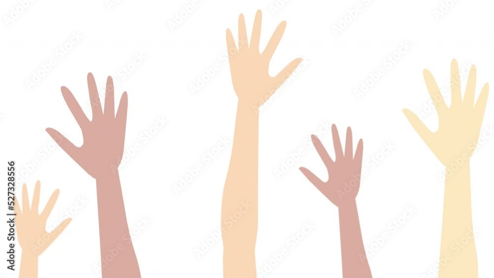 Hands raising up air. Ethnic people together. Diverse human high raised hand. Social movement, voting, variety. International person White, African, Mexican, Chinese, European. Animation video Hands raising up air. Ethnic people together. Diverse human high raised hand. Social movement, voting, variety. International person White, African, Mexican, Chinese, European. Animation video