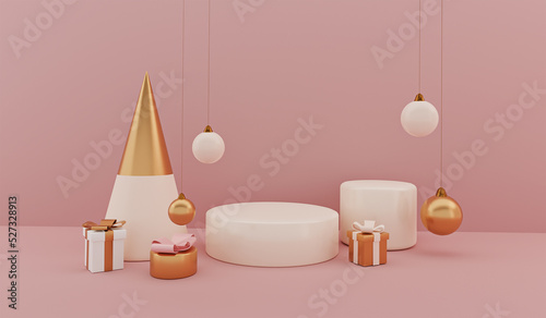 Merry Christmas and Happy New Year. Podium studio with gifts  boxes  Christmas decoration.Holidays composition. Template. 3d render