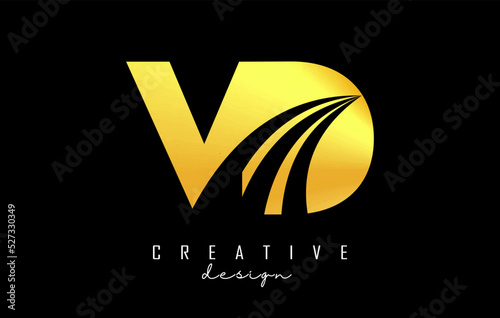 Creative golden letters VD v d logo with leading lines and road concept design. Letters with geometric design.