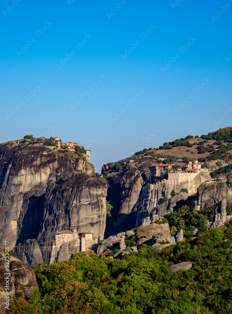 View towards the Monasteries of Varlaam and Great Meteoron, Meteora, Thessaly, Greece