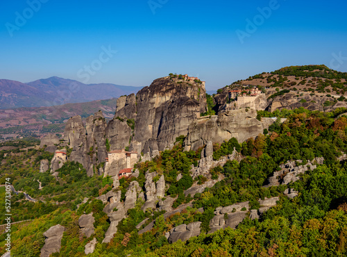 View towards Monasteries of Saint Nicholas Anapafsas, Rousanou, Great Meteoron and Varlaam, Meteora, Thessaly, Greece