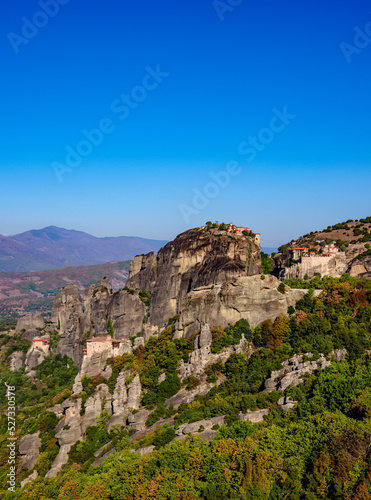 View towards Monasteries of Saint Nicholas Anapafsas, Rousanou, Great Meteoron and Varlaam, Meteora, Thessaly, Greece