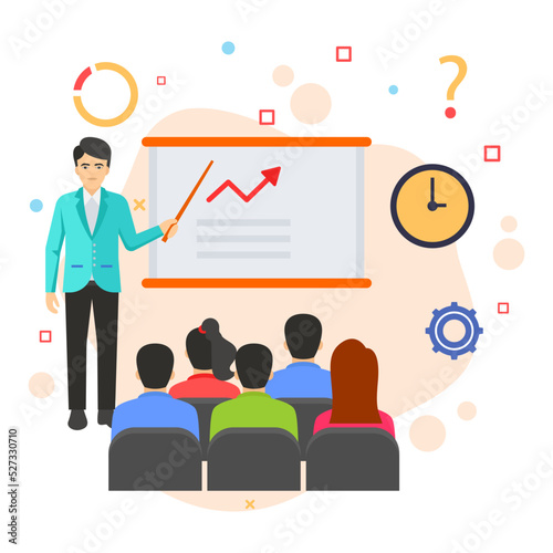 Adult Training and Development classroom scene Concept, hrm symbol, Manager giving presentation on growth vector color icon design, hr sign, Business Character stock illustration