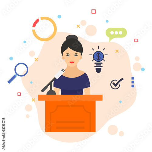 Company secretary giving brief to press vector color icon design, business character stock illustration, Key Note Speaker Concept, Hrm Symbol, Political leadership on Podium Design, 