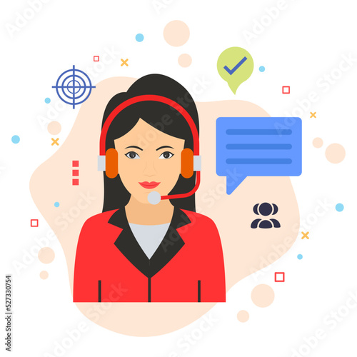 Technical Support agent Concept, hrm symbol, Headphone with mic design vector Icon, Business Character stock illustration, Female Coordination and Communication Girl Sign, Customer Success Manager