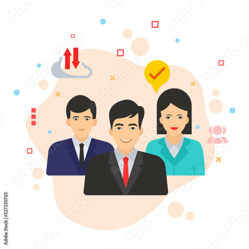 Recruitment team structure concept, Work Group Concept, hrm symbol,  direct supervisor and ceo Vector color Icon Design, hr sign, business character stock illustration