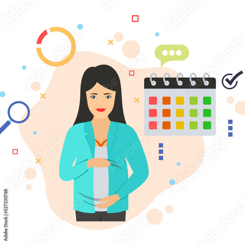 Standing Pregnant Lady with Calendar Sign, Business Character Stock illustration, Parental or family leave vector color icon design, Employee benefits sign, Maternity pay and leave concept, hrm symbol
