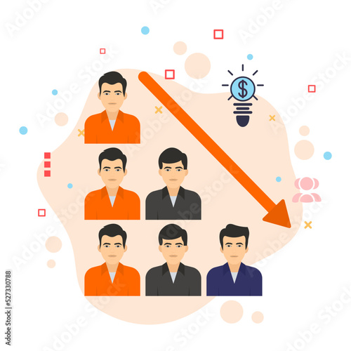 Reducing the size of workforce by terminating employee concept, hrm symbol, hr sign, Downsizing vector color icon design, Team with Downward Arrow stock illustration