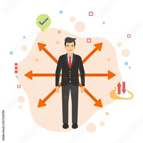 Office secretary concept, hrm symbol, Man with Multi directional arrows vector color icon design,  Business Character stock illustration, hr sign