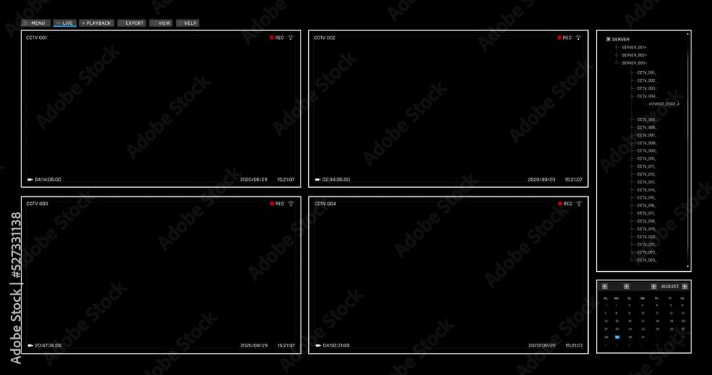 Surveillance CCTV monitoring screen template with multiple cameras view, Security camera system oncept, CCTV User interface video overlay