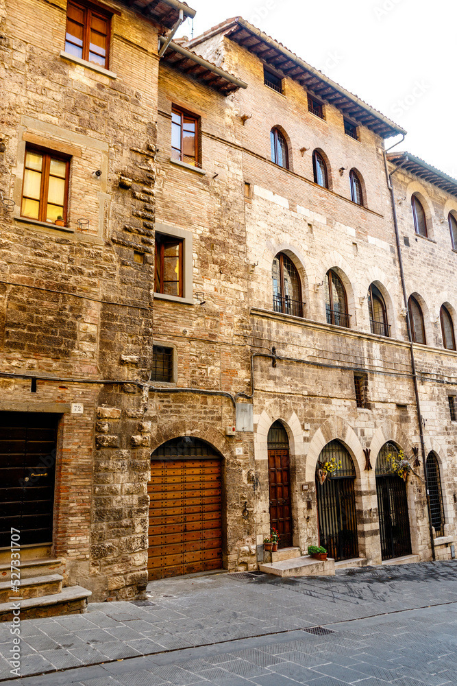 Facades of medieval houses in the center of Gubbio, Umbria, Italy, Europe