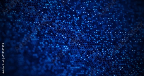 3D Rendering random binary digital number dot and square shape in grid digital abstract background, Algorithm cyber futuristic concept, Shallow depth of field and grain processed