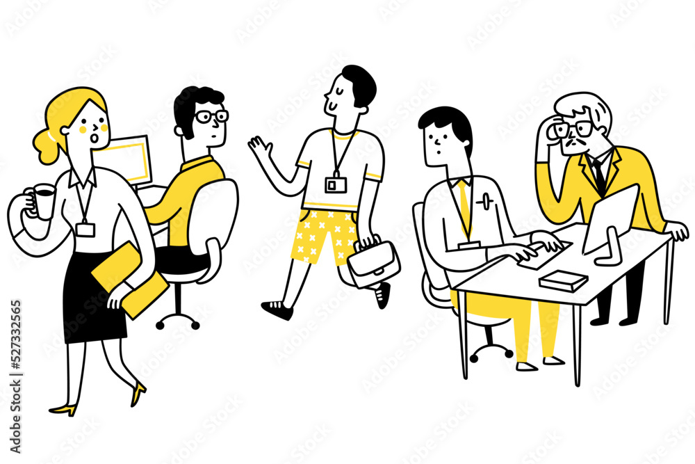Male office worker come to work with casual clothes in workplace, different lifestyle from others. Cute character vector illustration , outline, thin line art, linear, hand drawn sketch design.