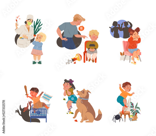 Little Kids Afraid and Scared of Different Creepy Things Crying and Having Stress Vector Set