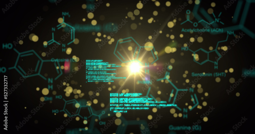 Image of yellow spots floating over chemical structures and data processing on black background