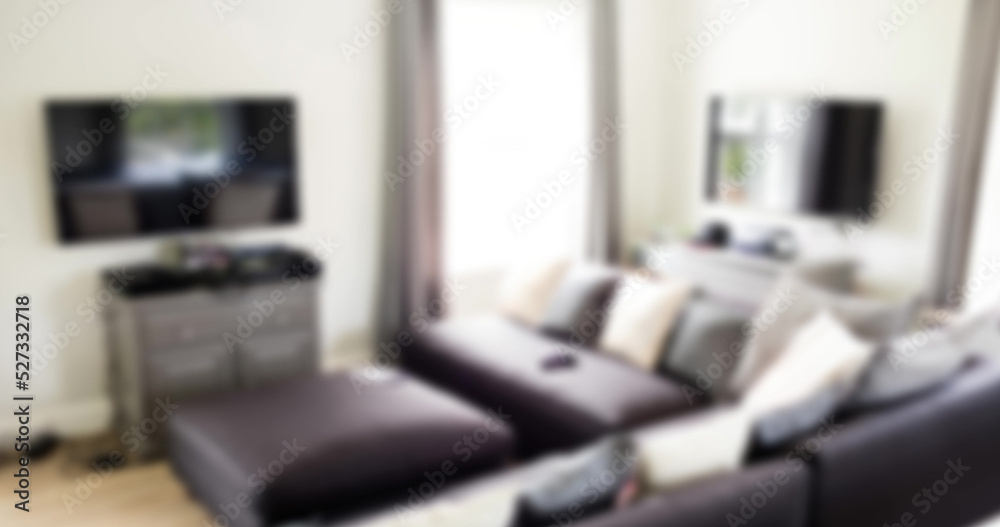 Image of blurred house interior with couch and tv Image of blurred house interior with couch and tv