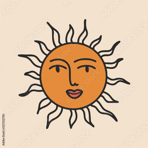 Sun with face in boho style. Flat vector illustration, hand drawn cartoon.