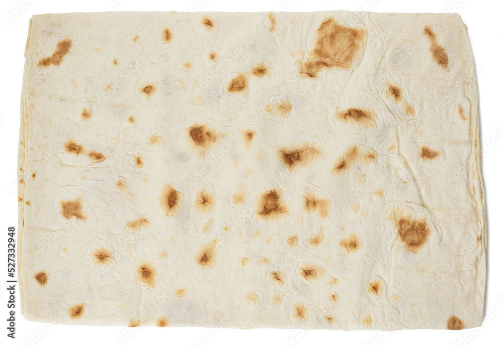 Baked twisted pita bread on a white isolated background