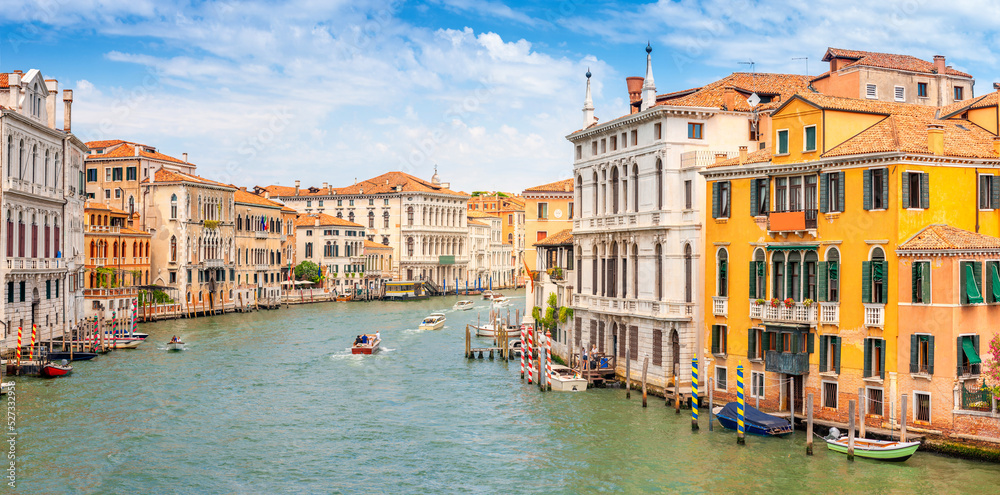 Stunning View of the Grand Canal in Venice, Italy. Summer holidays. Travel concept background.