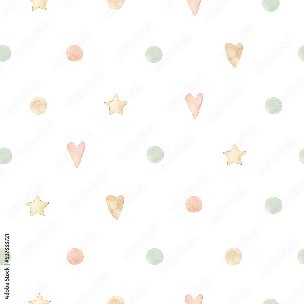Watercolor seamless pattern with cute pactel dots, stars and hearts. Isolated on white background. Hand drawn clipart. Perfect for card, fabric, tags, invitation, printing, wrapping. Watercolor seamless pattern with cute pactel dots, stars and hearts. Isolated on white background. Hand drawn clipart. Perfect for card, fabric, tags, invitation, printing, wrapping.