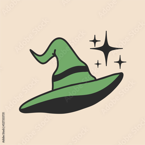 Vector illustration of cartoon green witch hat for halloween. Witch hat in retro style. Design element for Halloween.