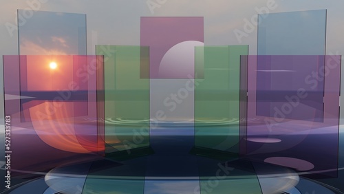3d render, abstract geometric background. Flat translucent glass with colorful gradient, simple square shapes with blue violet green gradient. Modern minimal concept. 3D illustration