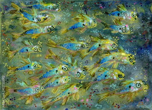 A lot of fish. Fish wave concept. The fish swims in the water.