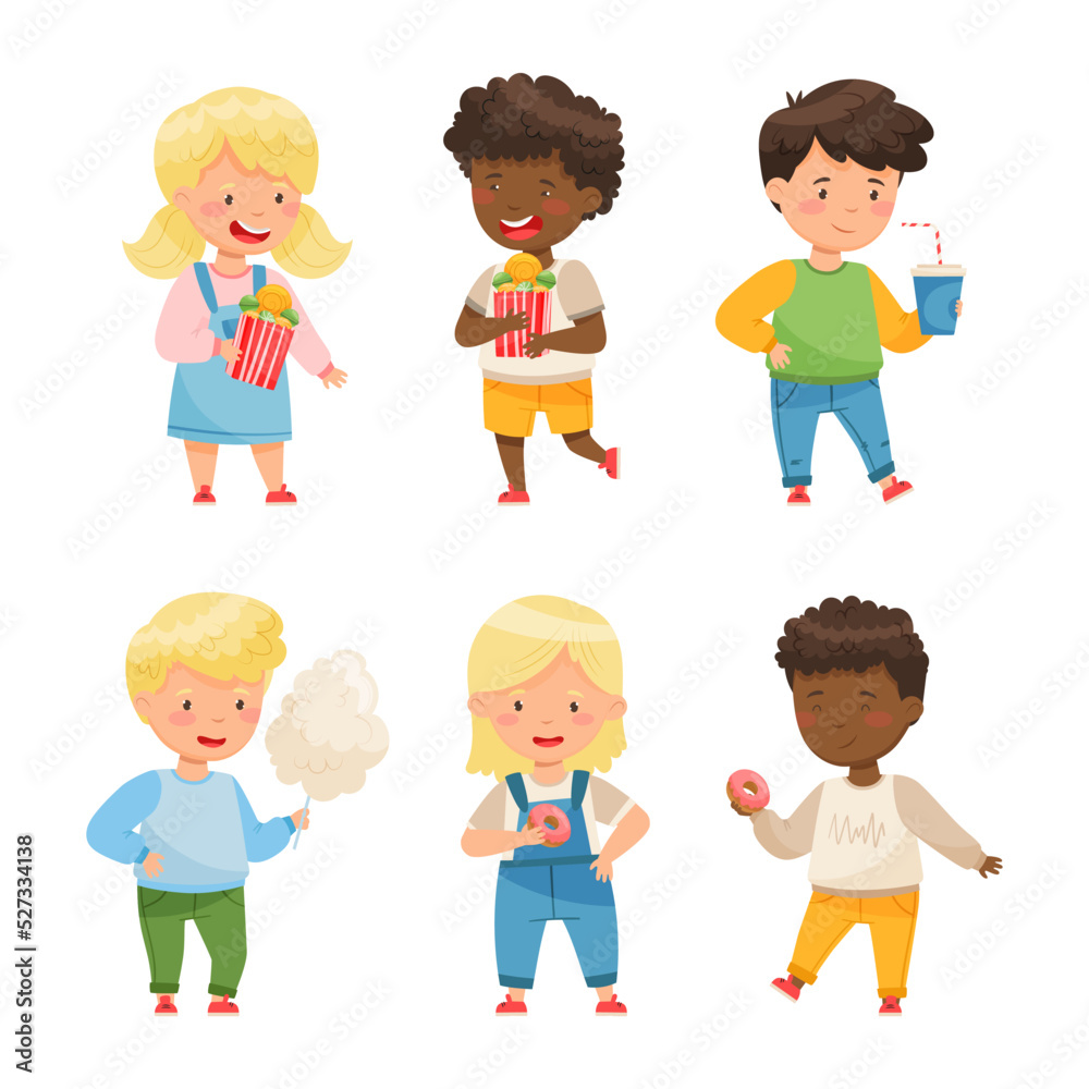 Cute Kids Standing and Holding Sweets and Sugary Treats Vector Set Cute Kids Standing and Holding Sweets and Sugary Treats Vector Set