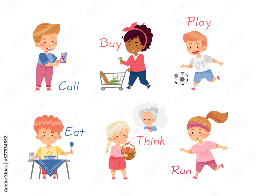 Funny Kids Engaged in Different Activities Demonstrating Verb Vector Set Funny Kids Engaged in Different Activities Demonstrating Verb Vector Set