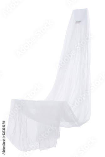 Close-up shot of a white long veil with a comb. The wedding bridal veil is isolated on a white background. Front view.