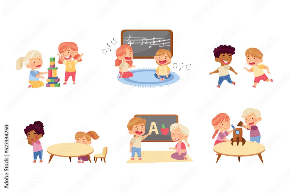 Little Kids in Kindergarden Playing and Doing Different Activity Vector Set
