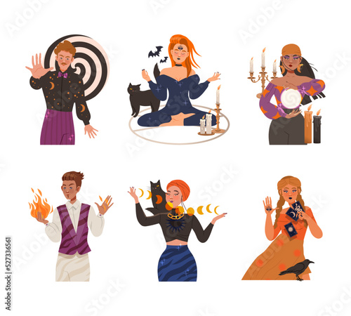 Man and Woman Fortune Teller, Psychic and Hypnotist Predicting Future and Performing Occult Ritual Vector Illustration Set