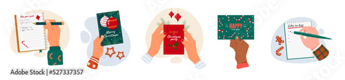 Merry Christmas and Happy New Year. Set of hands holding greeting cards, writing down goals and list of gifts to buy. Traditional winter holiday. Cartoon flat vector collection isolated on white