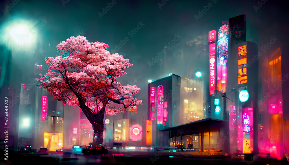 Obraz premium Fantasy Japanese night view city citycape, neon pink light, residential buildings, big sakura tree. Night urban anime fantasy setting downtown background. 3D illustration