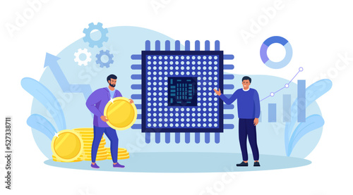 Semiconductor shortage. Businessman gives dollar coins for microchip. Computer chip supply chain shortage due, electronics manufacturing problem. Buyer pay high price for micro CPU. Vector design