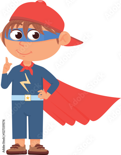 Kid in waving red cape. Superhero boy party costume