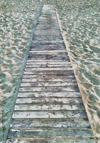 Wooden beach path on the sand. Watercolor art.
