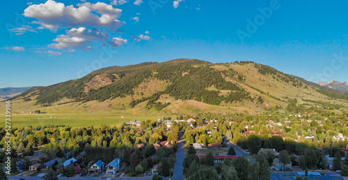 Amazing panoramic sunset aerial view of Jackson Hole cityscape in summertime, WY, USA photo