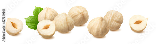Peeled hazelnut groups isolated on white background. Plain nuts with leaves