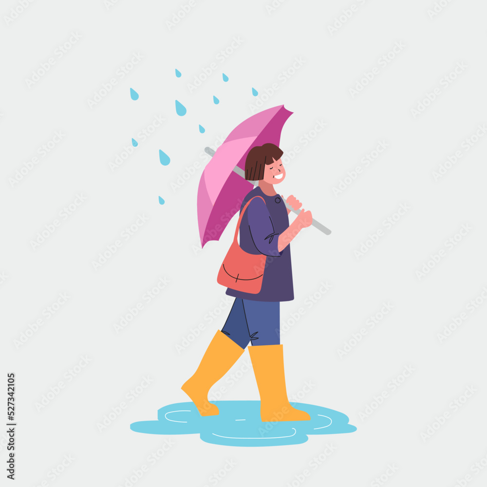 Fototapeta premium A girl with an umbrella walks in the rain. Flat style vector illustration.