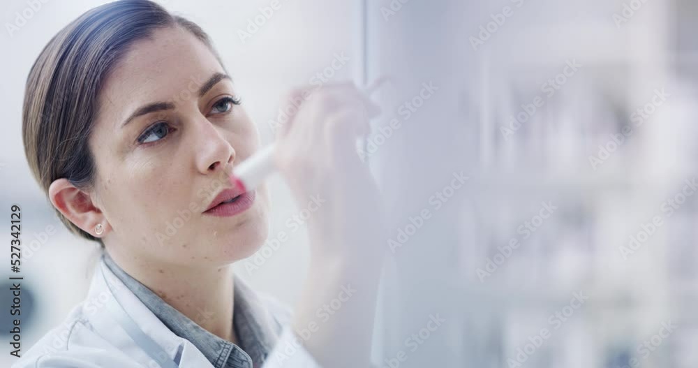 Science, innovation and a woman in a lab writing data on a glass whiteboard. Research, formula and analytics, a female scientist in a laboratory. Planning, strategy and vision in future manufacturing Science, innovation and a woman in a lab writing data on a glass whiteboard. Research, formula and analytics, a female scientist in a laboratory. Planning, strategy and vision in future manufacturing