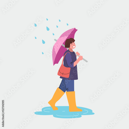 A girl with an umbrella walks in the rain. Flat style vector illustration.