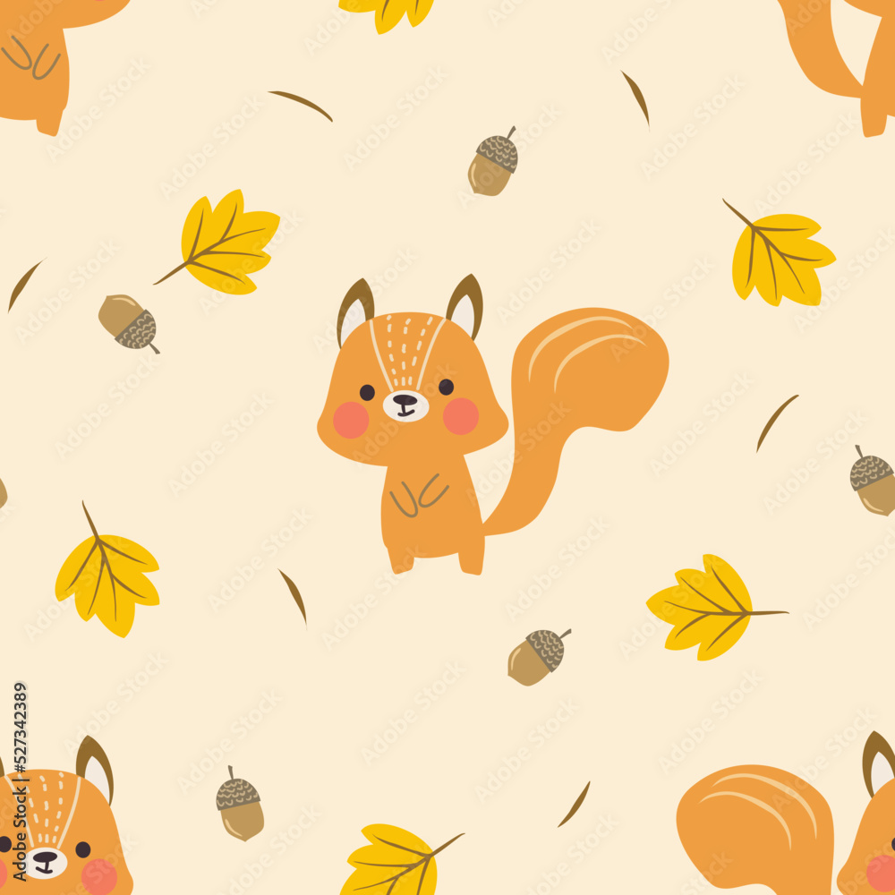 Cute Squirrel and Autumn Leaves Seamless Pattern.