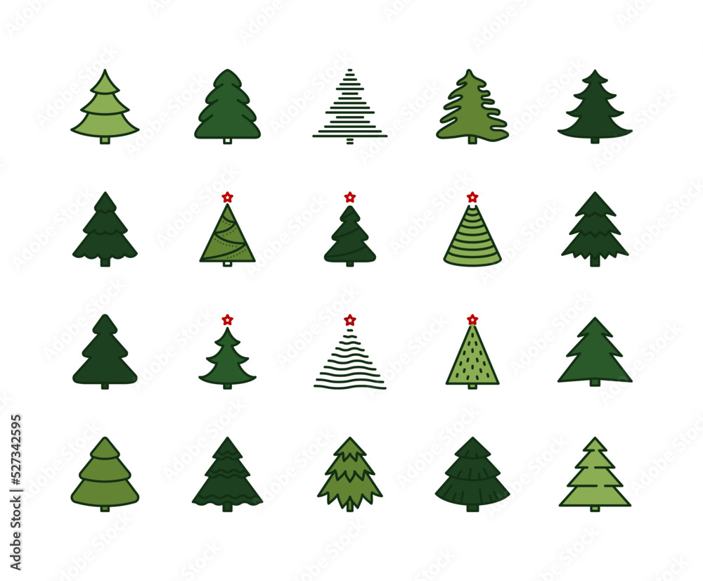 Forest tree flat line icons set. Christmas tree, spruce, pine symbol. Simple flat vector illustration for web site or mobile app